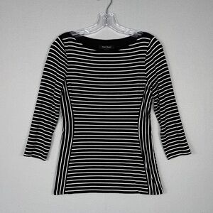 White House Black Market‎ Striped Tee XS Black White 3/4 Sleeve Boat Neck Fitted